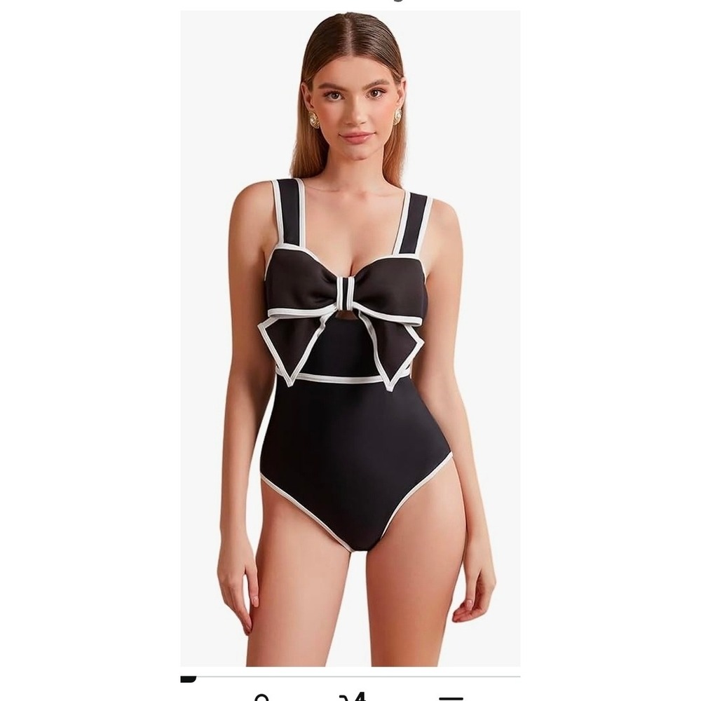FLAXMAKER Black & White Bow-Tie One-Piece Swimsuit Women's 2XL XXL Retro Cutout